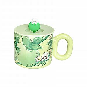Японская чайная чашка Керамическая 350 мл с силиконовой крышкой для молока, кофе, десерта, напитков, фруктов, рисунок щенка - Зеленое яблоко - Фото 1