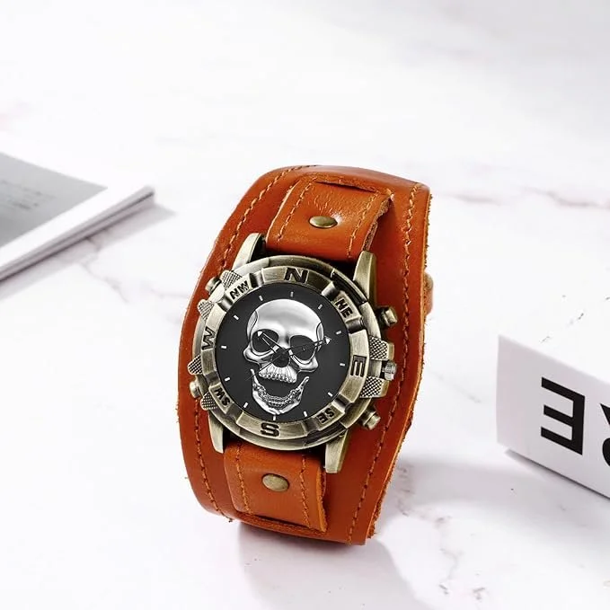 Чоловічий шкіряний годинник JewelryWe з черепом / Аналоговий / Кварцовий / Коричневий, фото №2 Чоловічий шкіряний годинник JewelryWe з черепом / Аналоговий / Кварцовий / Коричневий, фото №2