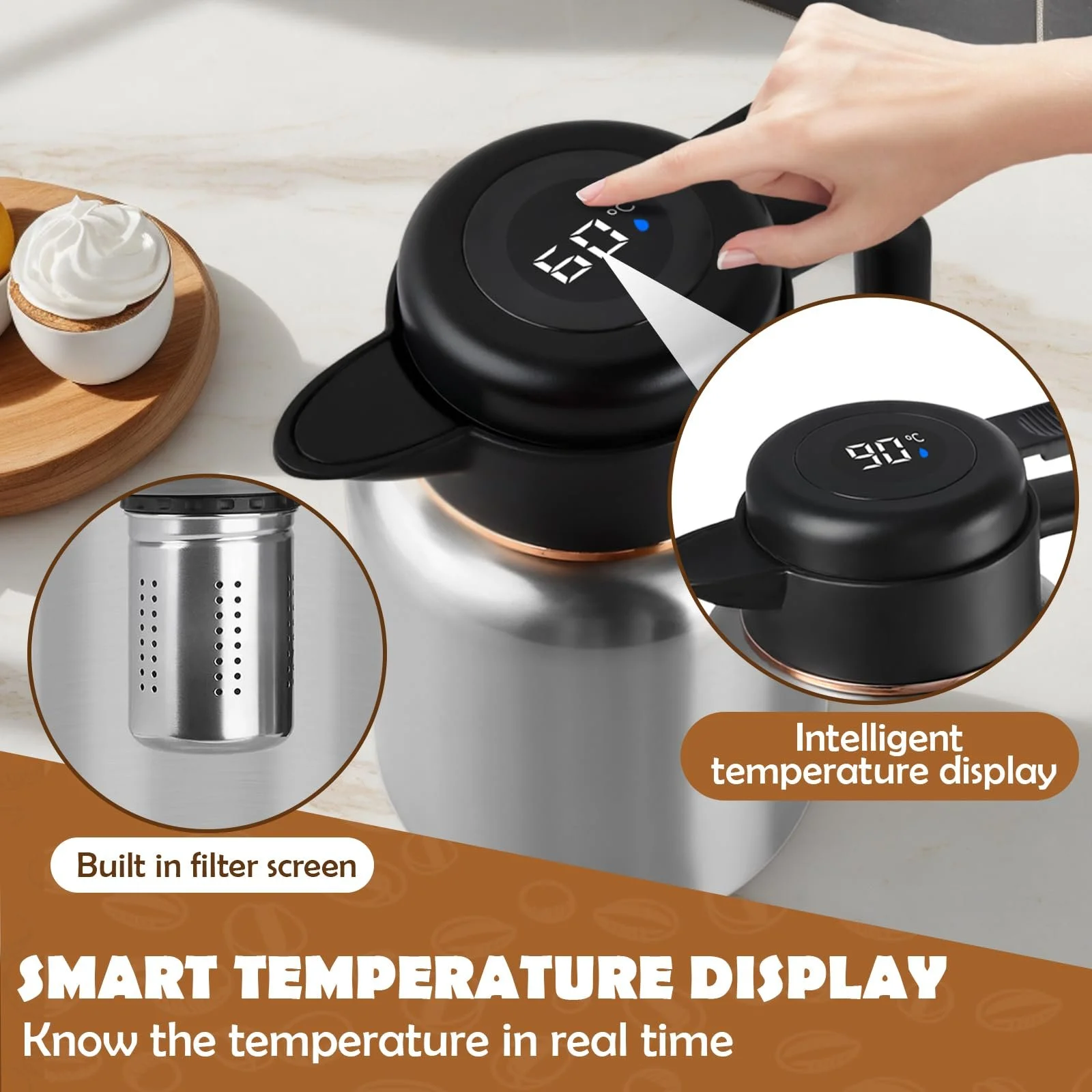 Термос-кавник 1.8 Л, Кавник з нержавіючої сталі, з дисплеєм температури, Ізольований кавник, фото №3