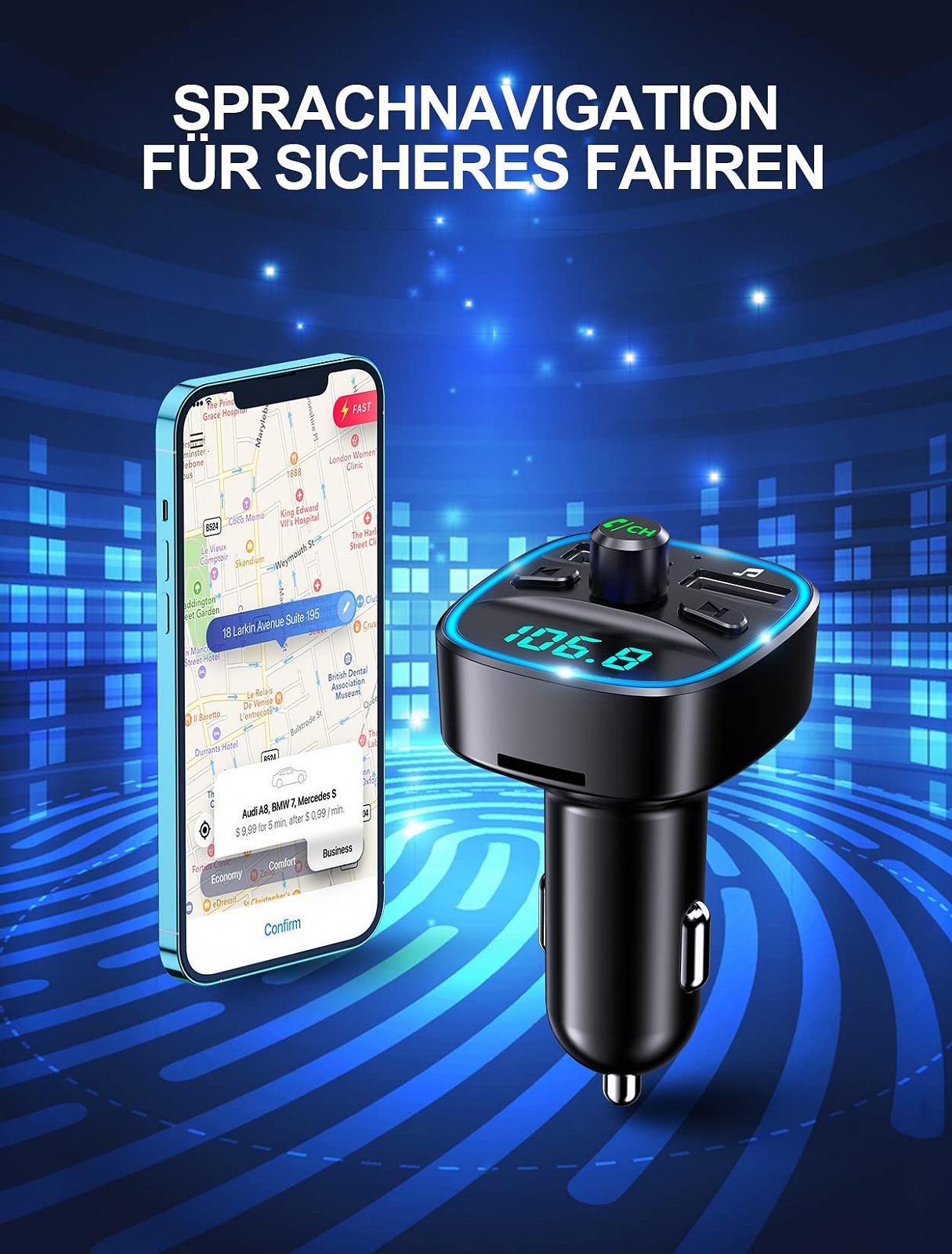 FM-трансмітер Bluetooth Mohard Адаптер Bluetooth для автомобіля Зарядний пристрій для автомобіля AV-адаптер з гучним зв'язком 2 USB порти (5V/2.4A & 1A) Підтримка USB-накопичувача та TF-карти Автомобільні підсилювачі потужності, фото №6
