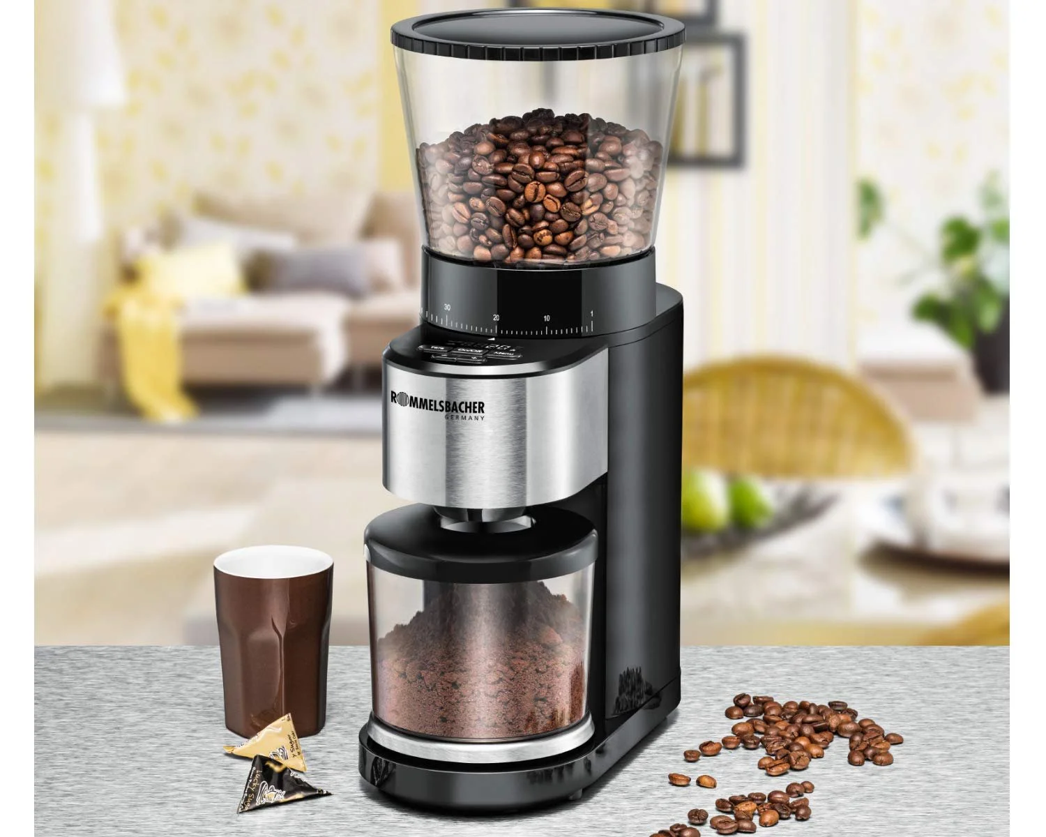 Кофемолка коническая Rommelsbacher EKM 500 с прецизионными весами, держателем для портафильтра, 39 уровнями помола и 5 функциональными клавишами, фото №3 Кофемолка коническая Rommelsbacher EKM 500 с прецизионными весами, держателем для портафильтра, 39 уровнями помола и 5 функциональными клавишами, фото №3