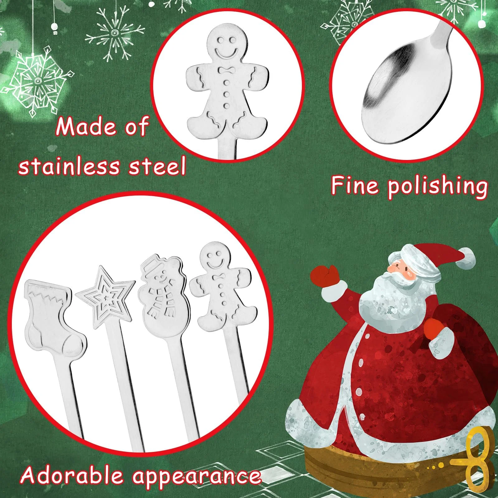 Набір з 8 різдвяних ложок з нержавіючої сталі для чаю, фото №3