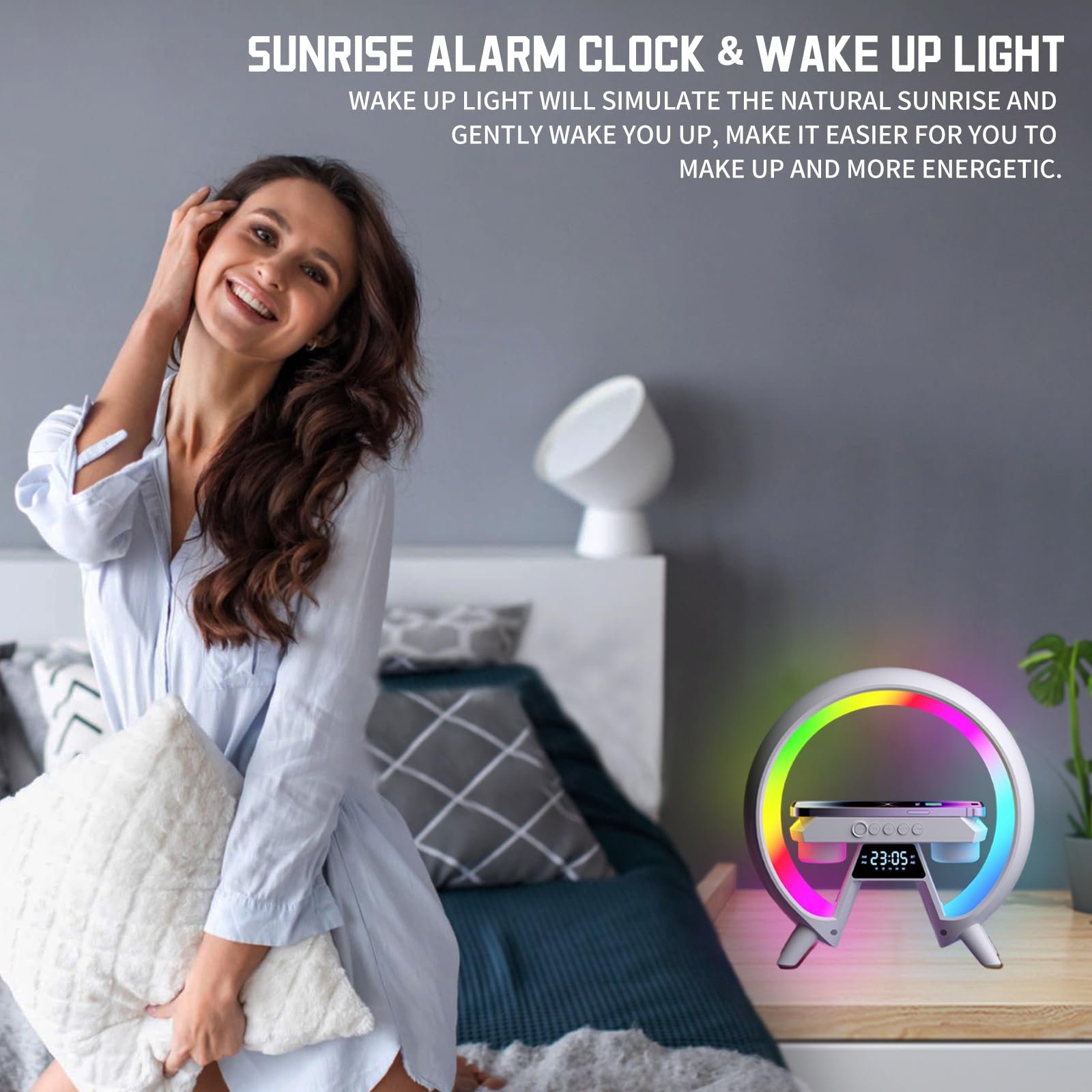 Настільна лампа Runqin Atmosphere Lamp Wireless Charger Bluetooth Speaker Alarm Clock LED White, фото №6