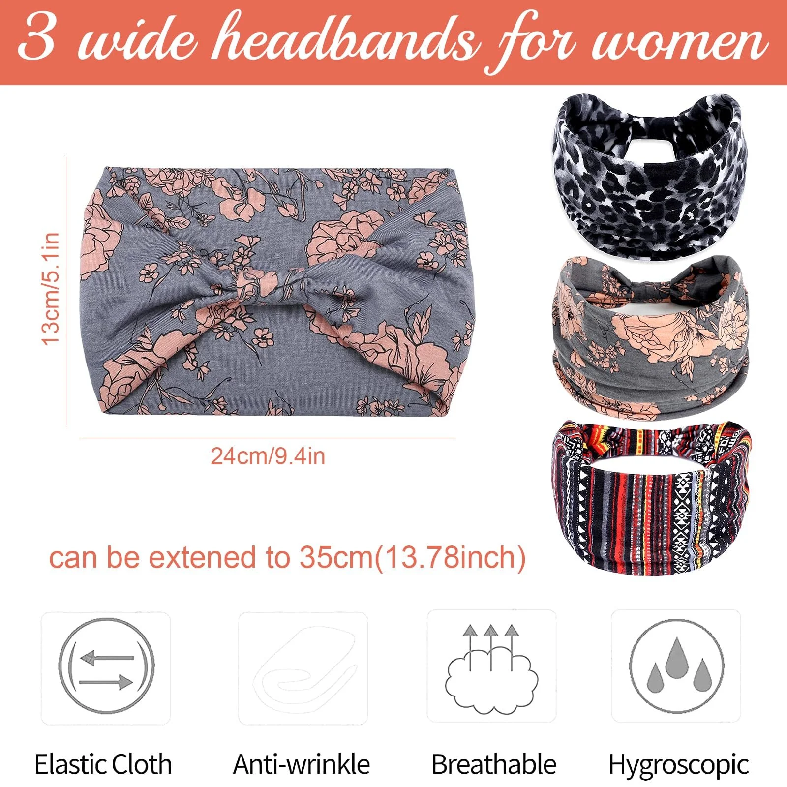 Пов'язка на голову SoundZero, широкий еластичний друкований набір, 3 шт., фото №7