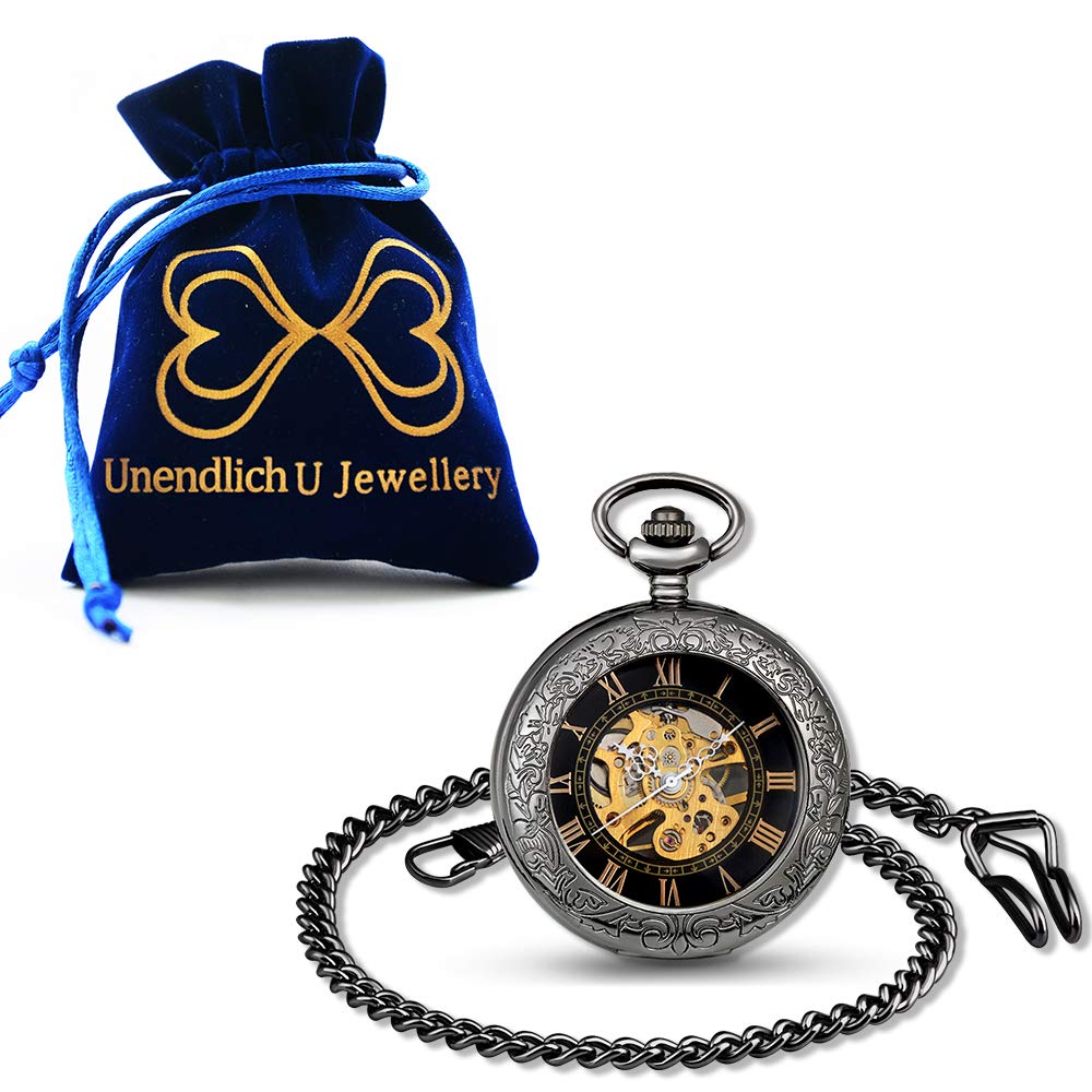 Кишеньковий годинник Unendlich U Retro Hand-Winding Mechanical з римськими цифрами і ланцюжком чорний, фото №7