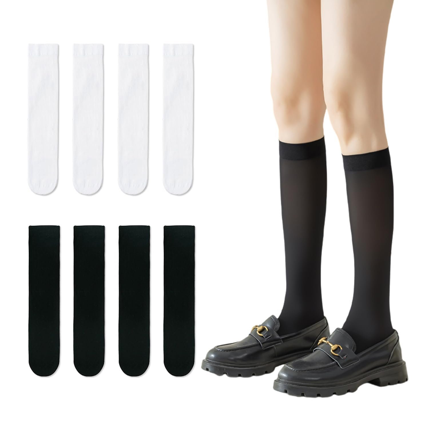4 пары гольфов до колен, носки до икр, тонкие чулки, носки Jk, компрессионные носки для похудения икр, женские длинные носки, женские сексуальные гольфы до колен Черный, Белый, черный, белый, фото №1