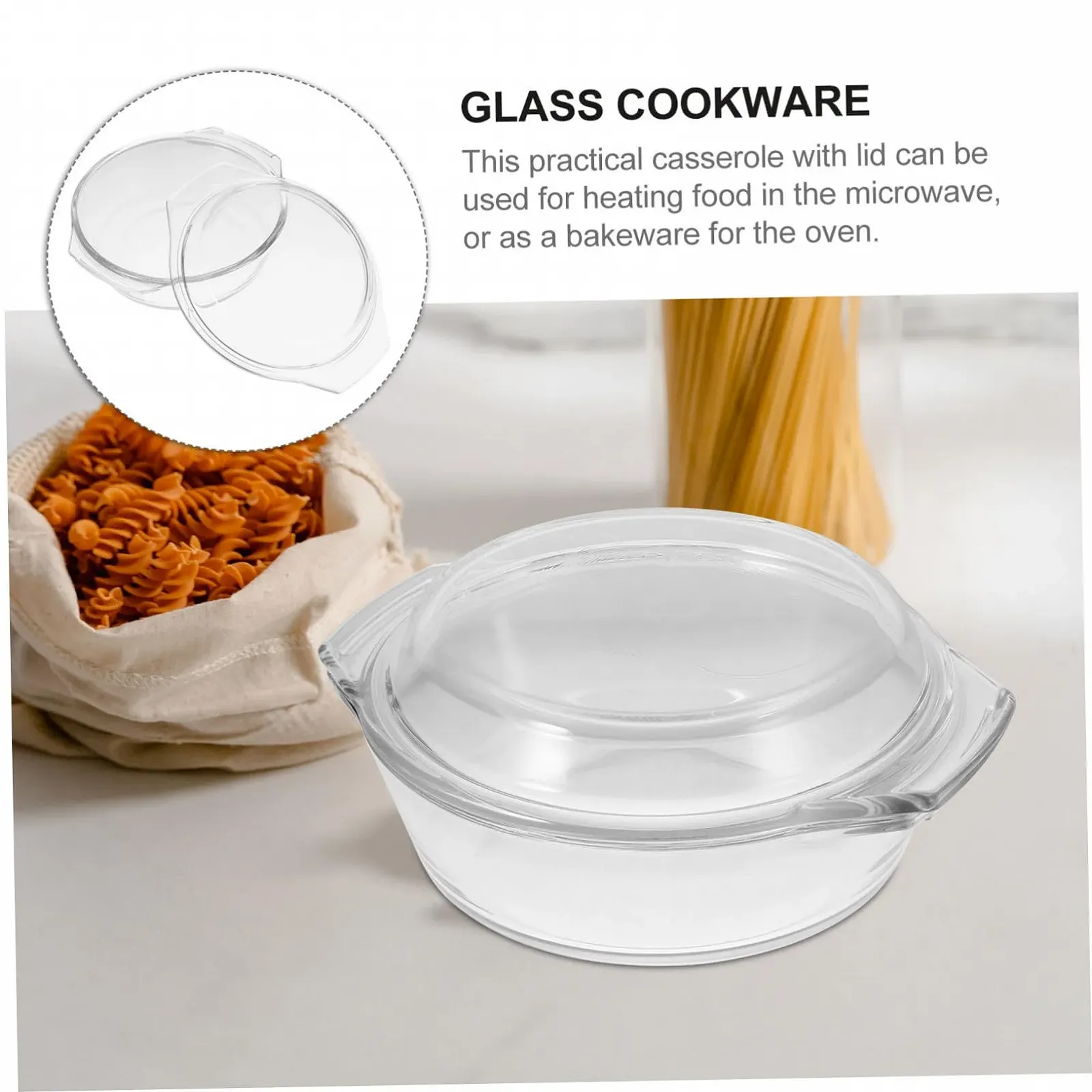 Кастрюля для запекания стеклянная круглая с крышкой жаропрочная, фото №7