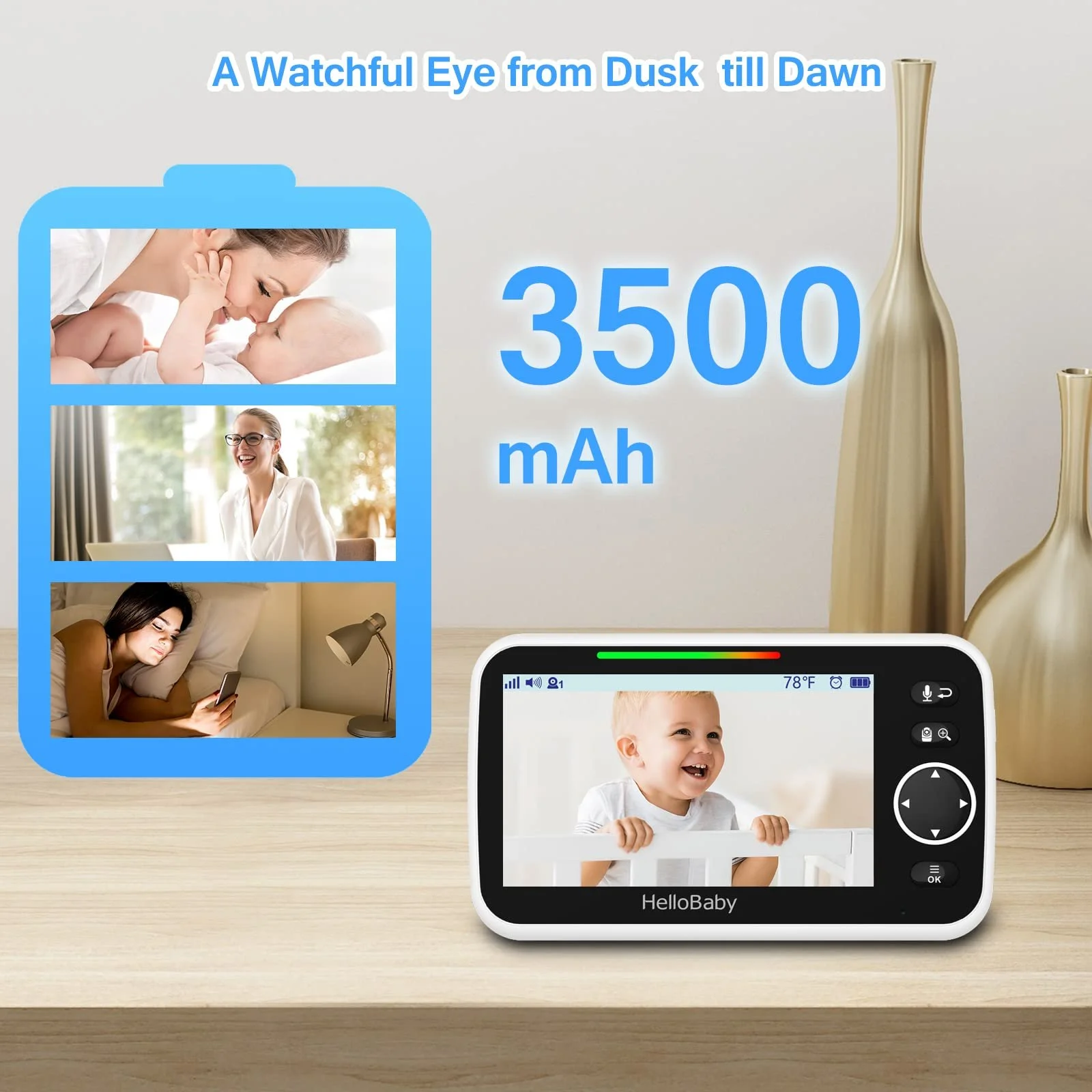 Відеоняня HelloBaby 5" 3500 mAh Pan Tilt Zoom, фото №4