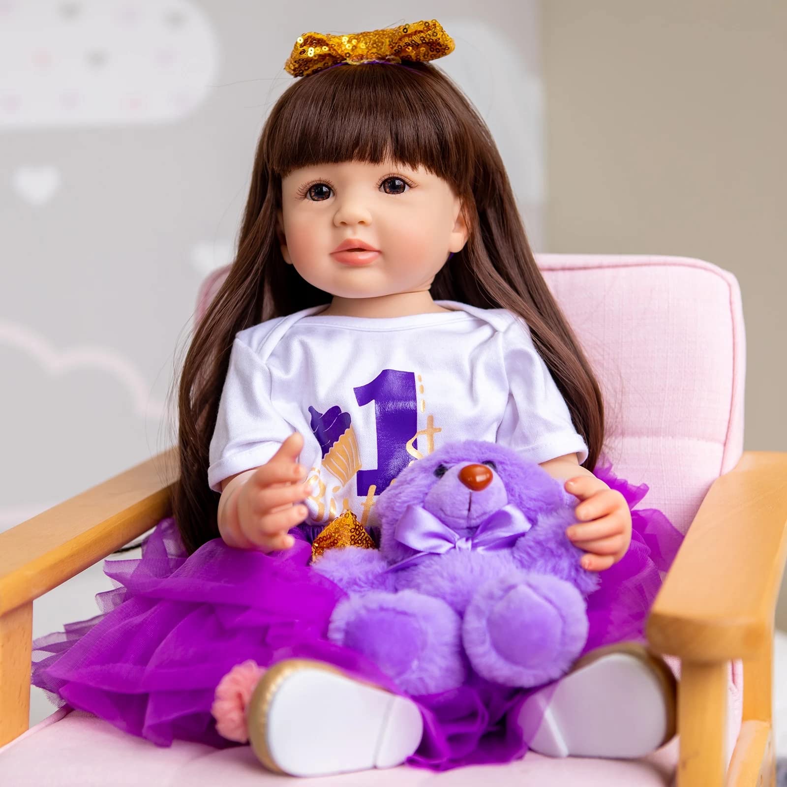 Кукла MineeQu 22 Inch Handmade Long Brown Hair Reborn Baby Doll Silicone Vinyl Anatomically Correct Girl Gift Set, фото №1