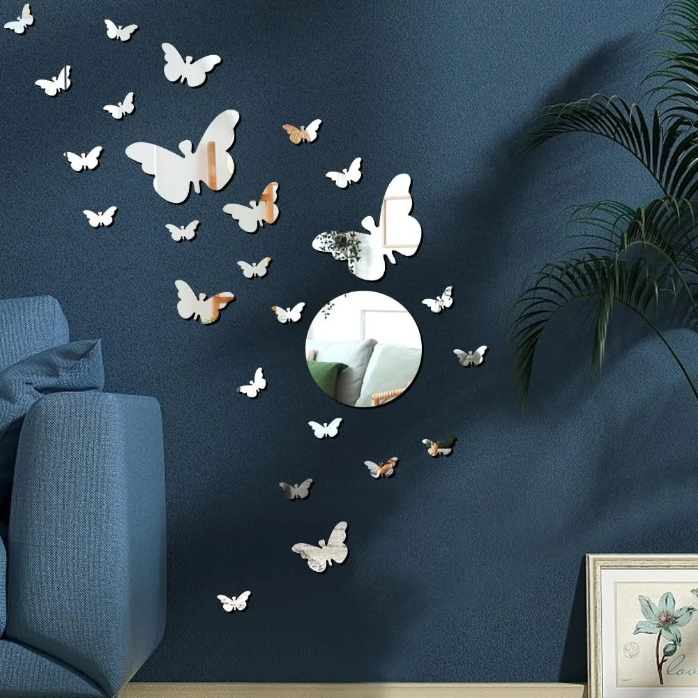 Зеркальные наклейки на стену 3D Butterfly 37 штук Серебристые, фото №3