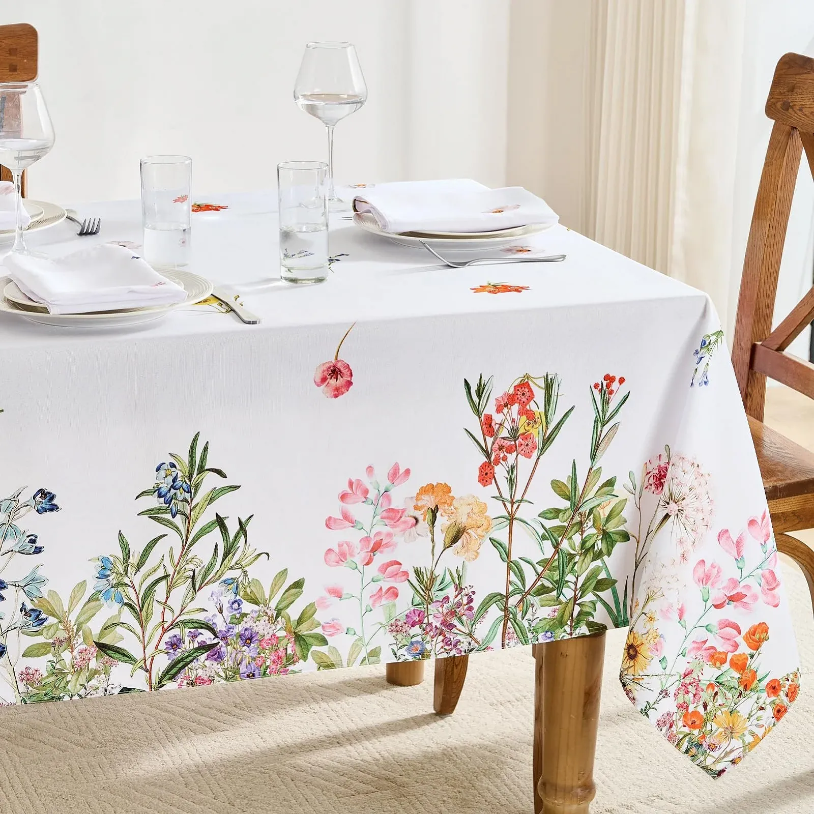 Скатертина Spring 140 x 240 см White with Flowers Rectangular Washable Water-Repellent Polyester, фото №1
