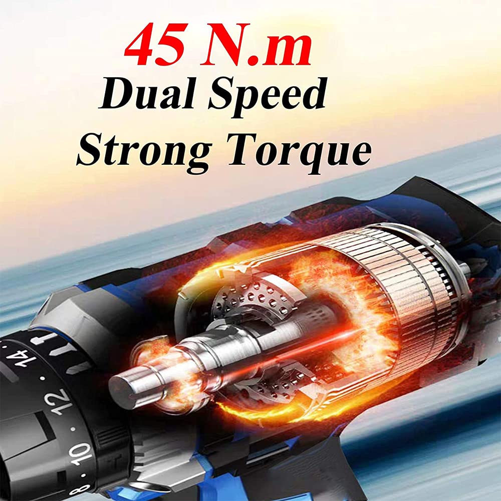 Аккумуляторная дрель 21 В 3/8 дюйма с батареями 1.5 Ah и зарядным устройством 45 Н.М 2 скорости 26 шт. с LED подсветкой, фото №5