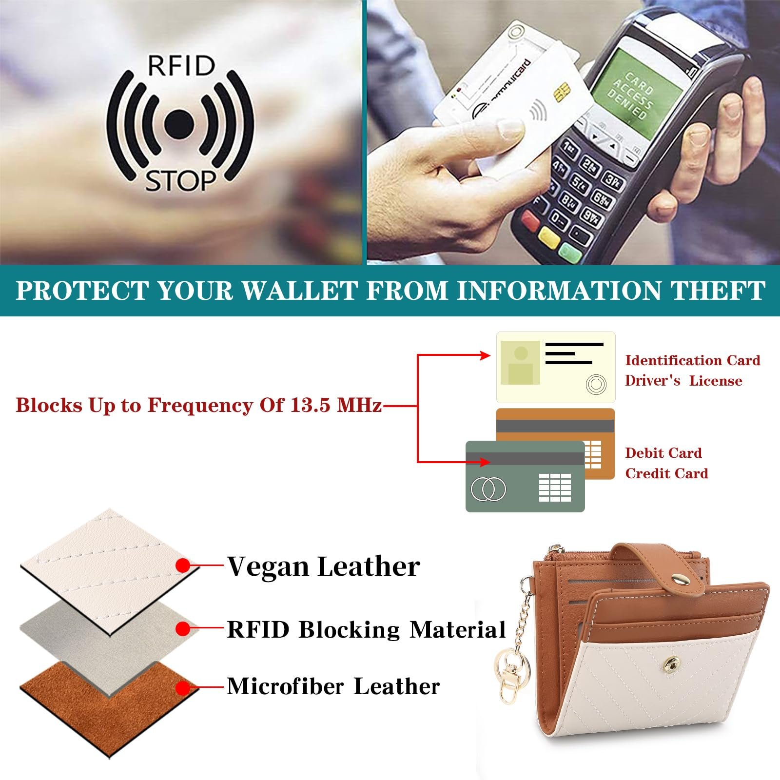 Кошелек Женский GAEKEAO Кожаный с RFID защитой, Мини Кошелек на Молнии, Отделение для Монет, Отделения для Карт, Тонкий Кошелек, 01 белый коричневый, Классический, фото №5