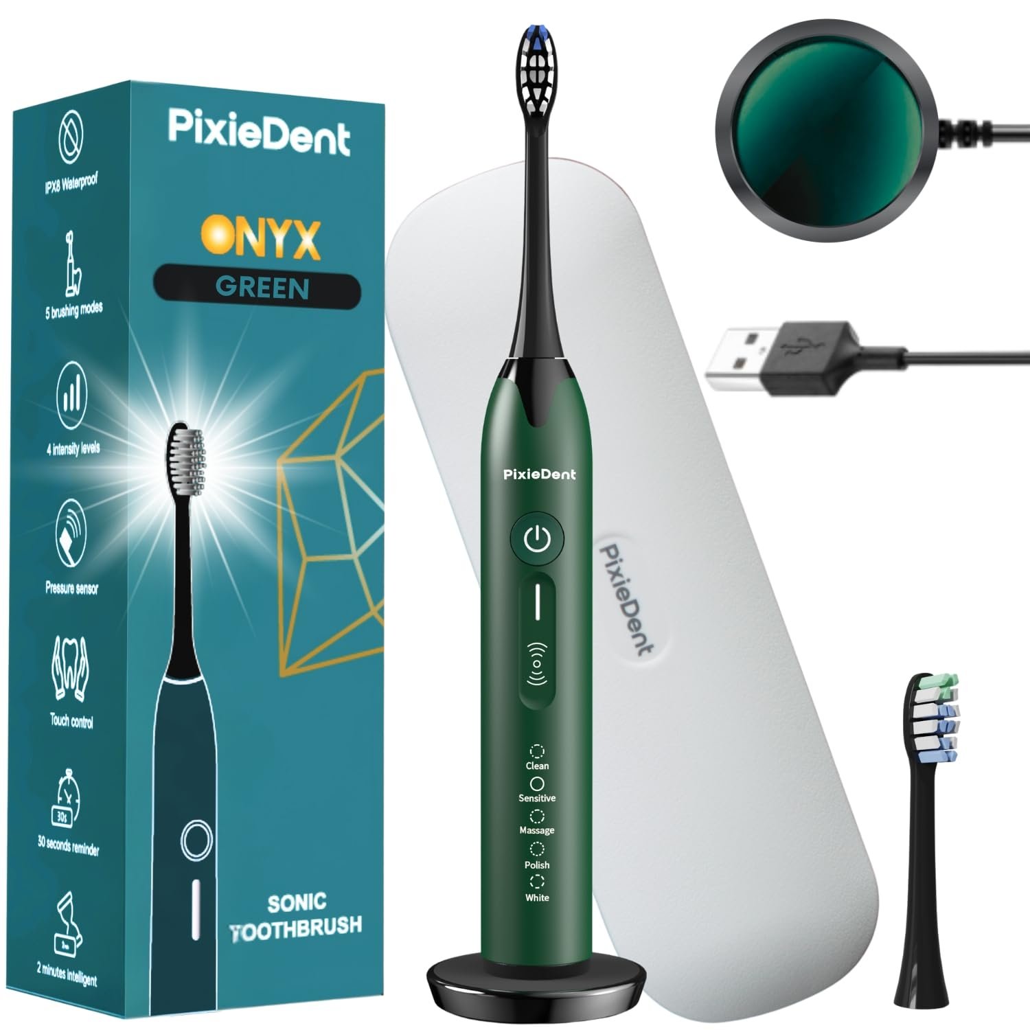 Електрична звукова зубна щітка PixieDent Onyx White 5 режимів 4 рівні потужності 96000 рухів дорожній чохол, фото №1