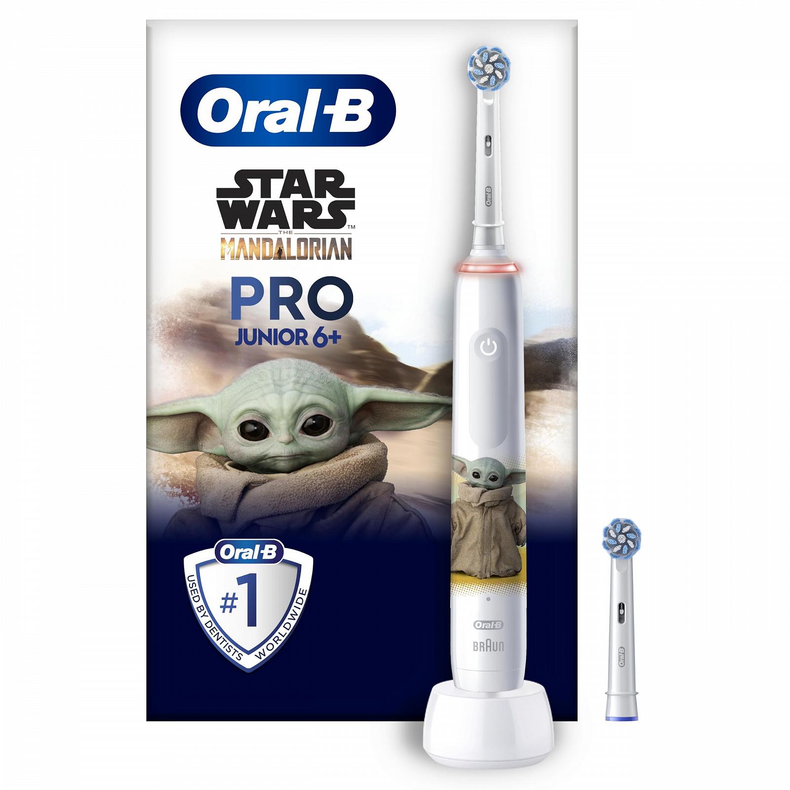 Зубна електрощітка Oral-B Pro Junior Star Wars для дітей від 6 років, 2 змінні насадки, контроль тиску 360°, 2 режими чищення, включаючи делікатний догляд, м'яка щетина, біла, фото №1