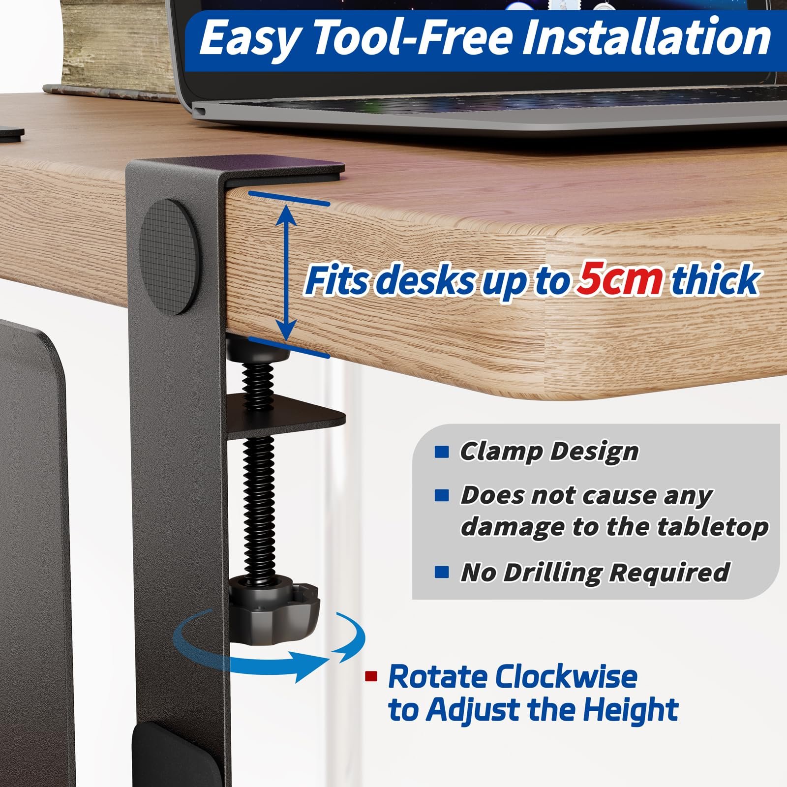 Регулируемая Подставка для Ноутбука с Зажимом для Столов - Без Сверления - Вертикальное Крепление из Нержавеющей Стали сбоку Стола для Ноутбуков, Планшетов, Клавиатур - Полочка для Устройств до 38 мм, фото №4