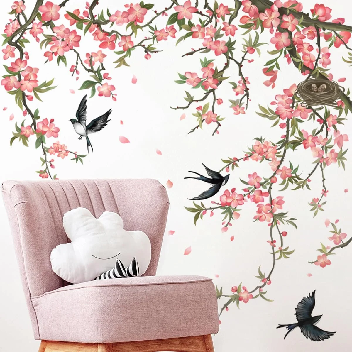 Наклейка на стіну Runtoo Гілка дерева, птахи та квіти Рожева, фото №2