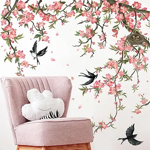 Наклейка на стіну Runtoo Гілка дерева, птахи та квіти Рожева synthetic.ua - Фото 1