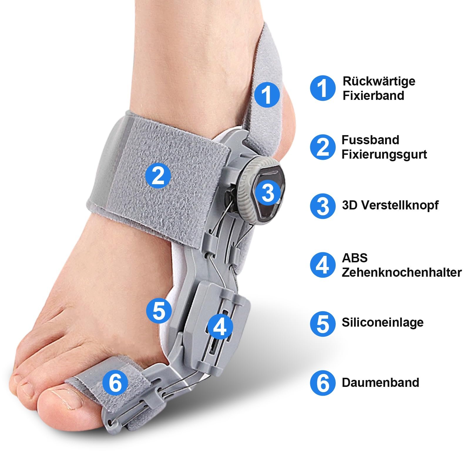 Шина для коррекции Hallux Valgus, регулируемая, кнопочные шины с 4 углами фиксации, 2 ремня для коррекции пальцев, для левой/правой ноги, серая, фото №2