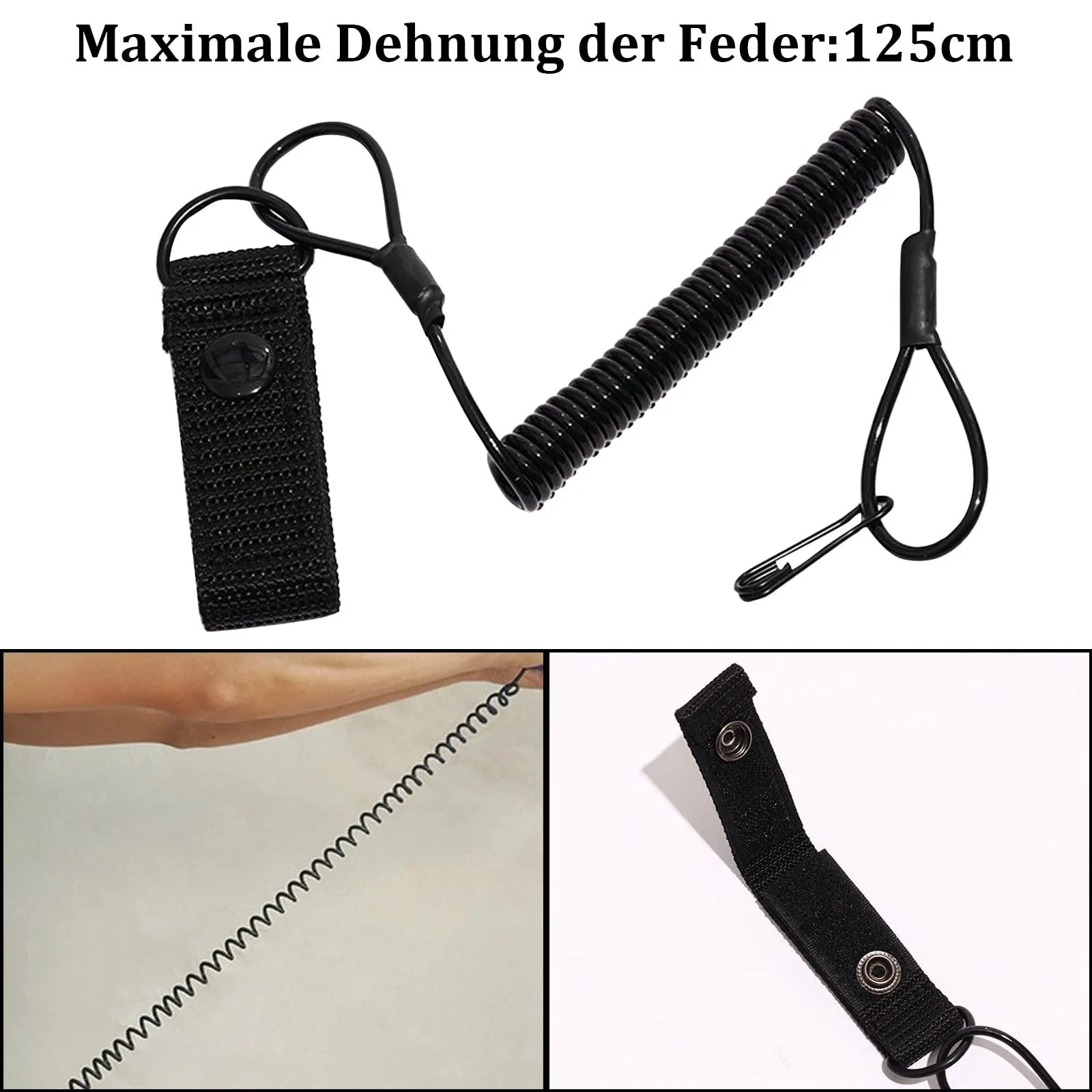 Тактичний ремінець Vakiorn, 2 шт., чорний, максимально розтягується до 125 см, зі спіральним кільцем для ключів, фото №4