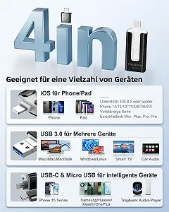 USB-накопичувач GNASEET 256 GB 4 в 1 USB 3.0 High-Speed для Phone/Pad/Android/PC Чорний synthetic.ua - Фото 1