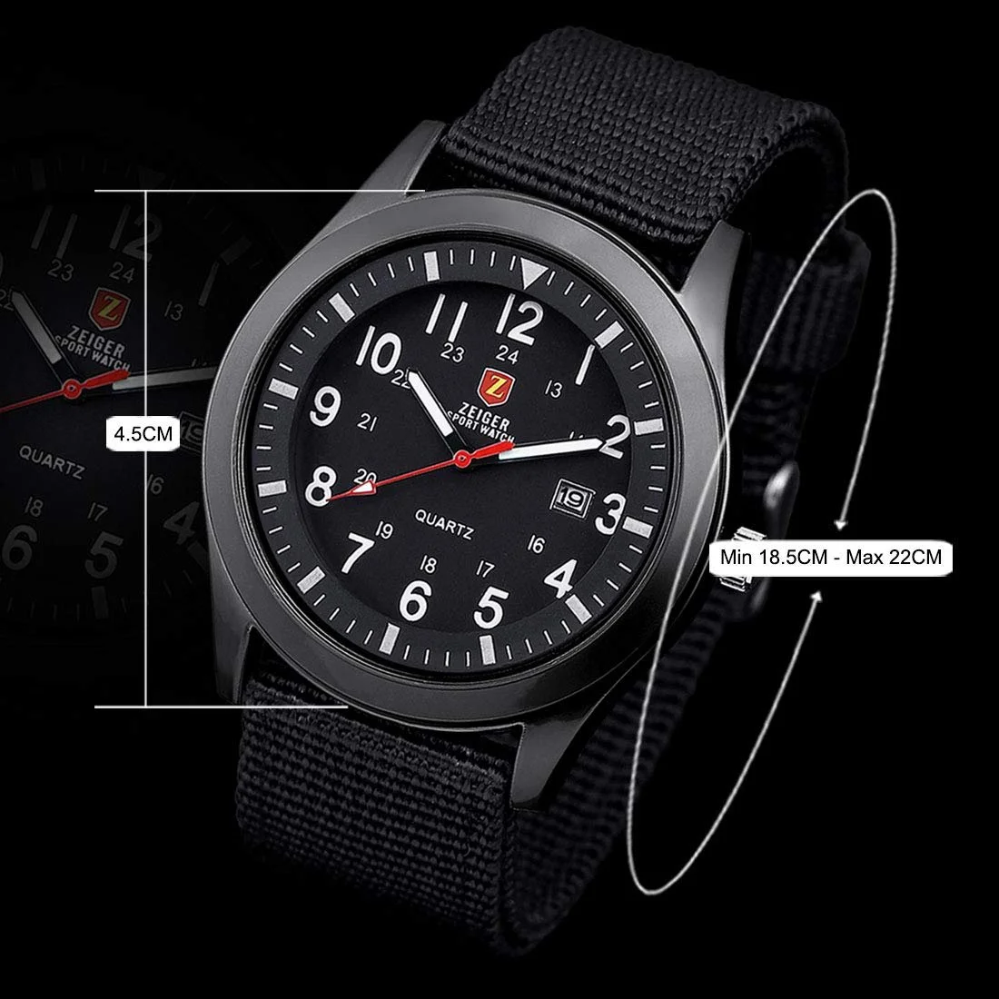 Мужские Кварцевые Аналоговые Спортивные Часы Zeiger Military с Датой, Нейлоновый Ремешок, фото №5 Мужские Кварцевые Аналоговые Спортивные Часы Zeiger Military с Датой, Нейлоновый Ремешок, фото №5
