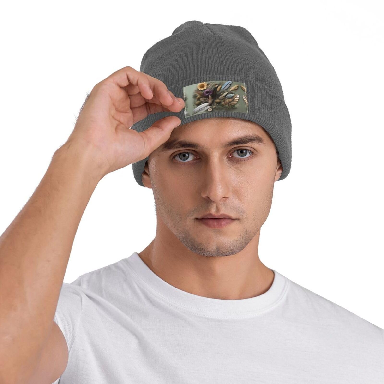 В'язана шапка з квітковим принтом пера YYHHAOFA чорна, тепла, м'яка, фото №6