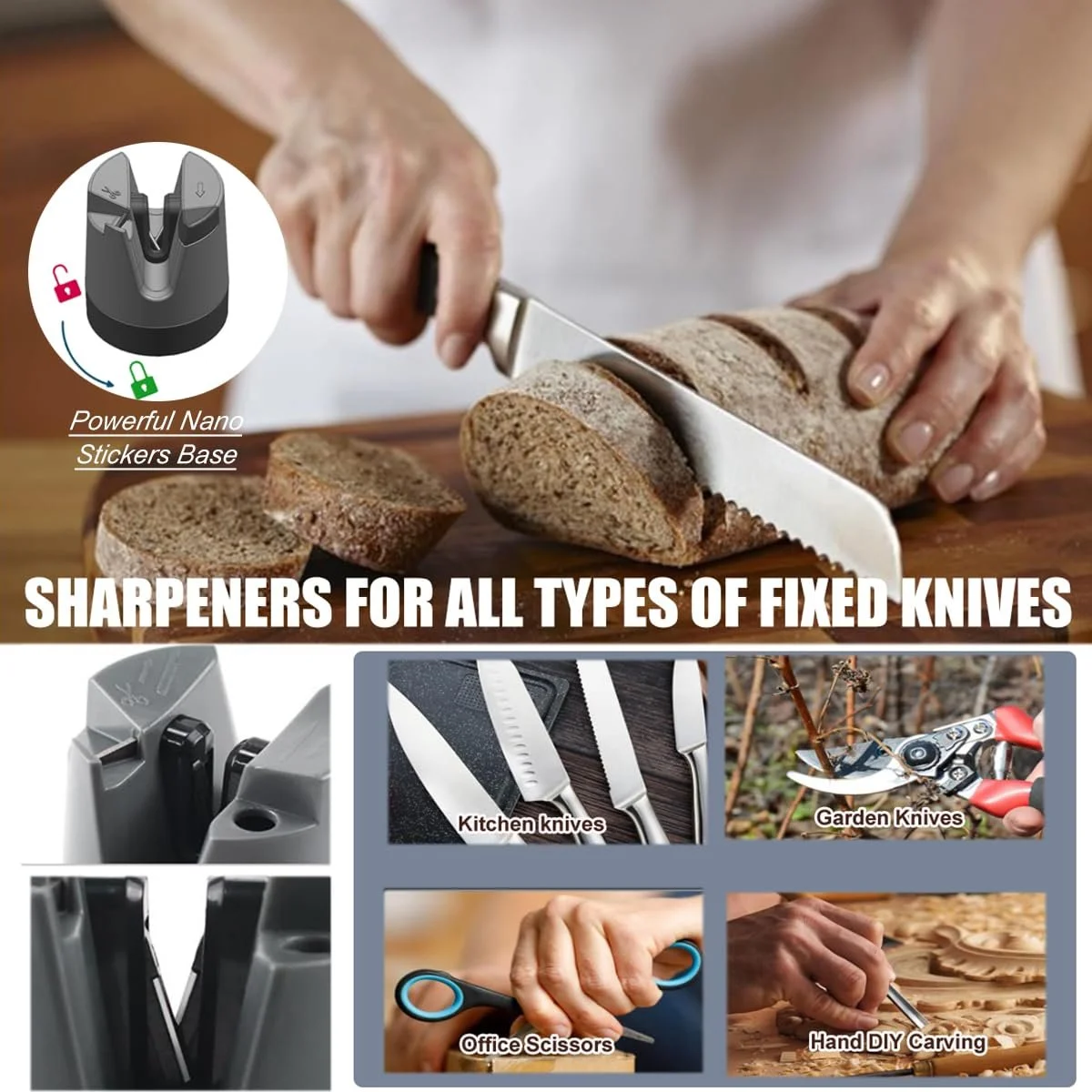 Ручне Точило для ножів 3 рівні вольфрамова сталь та кераміка на присосці, фото №4