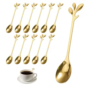 Ложка Десертна з нержавіючої сталі Золота у формі листка 12 cm, набір 12 штук - Фото 1