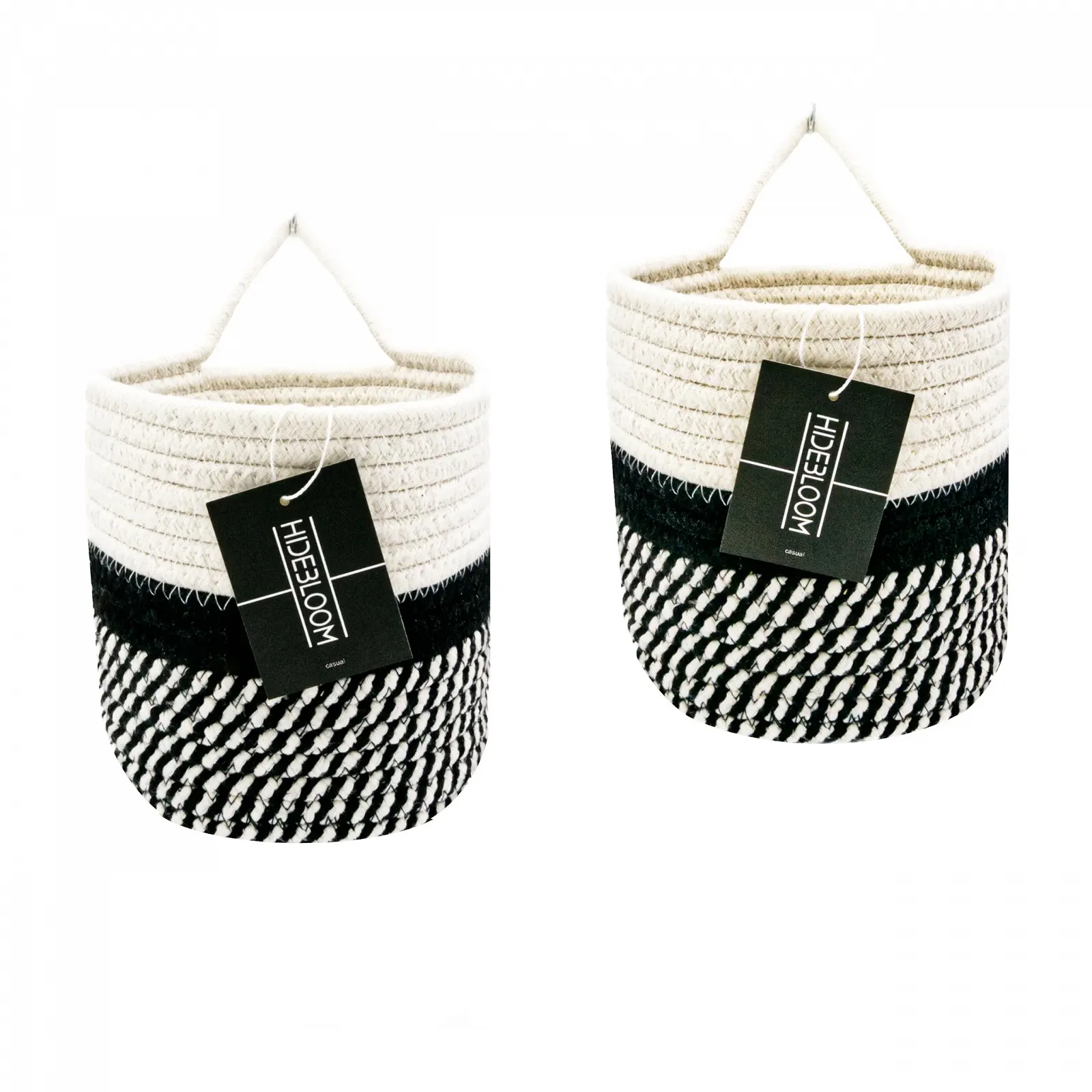 Набір підвісних кошиків 2 шт. 16 х 16 см бавовняні плетені чорний / білий, фото №1