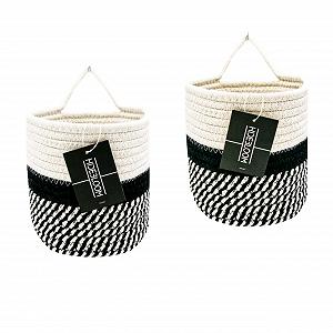 Набір підвісних кошиків 2 шт. 16 х 16 см бавовняні плетені чорний / білий - Фото 1