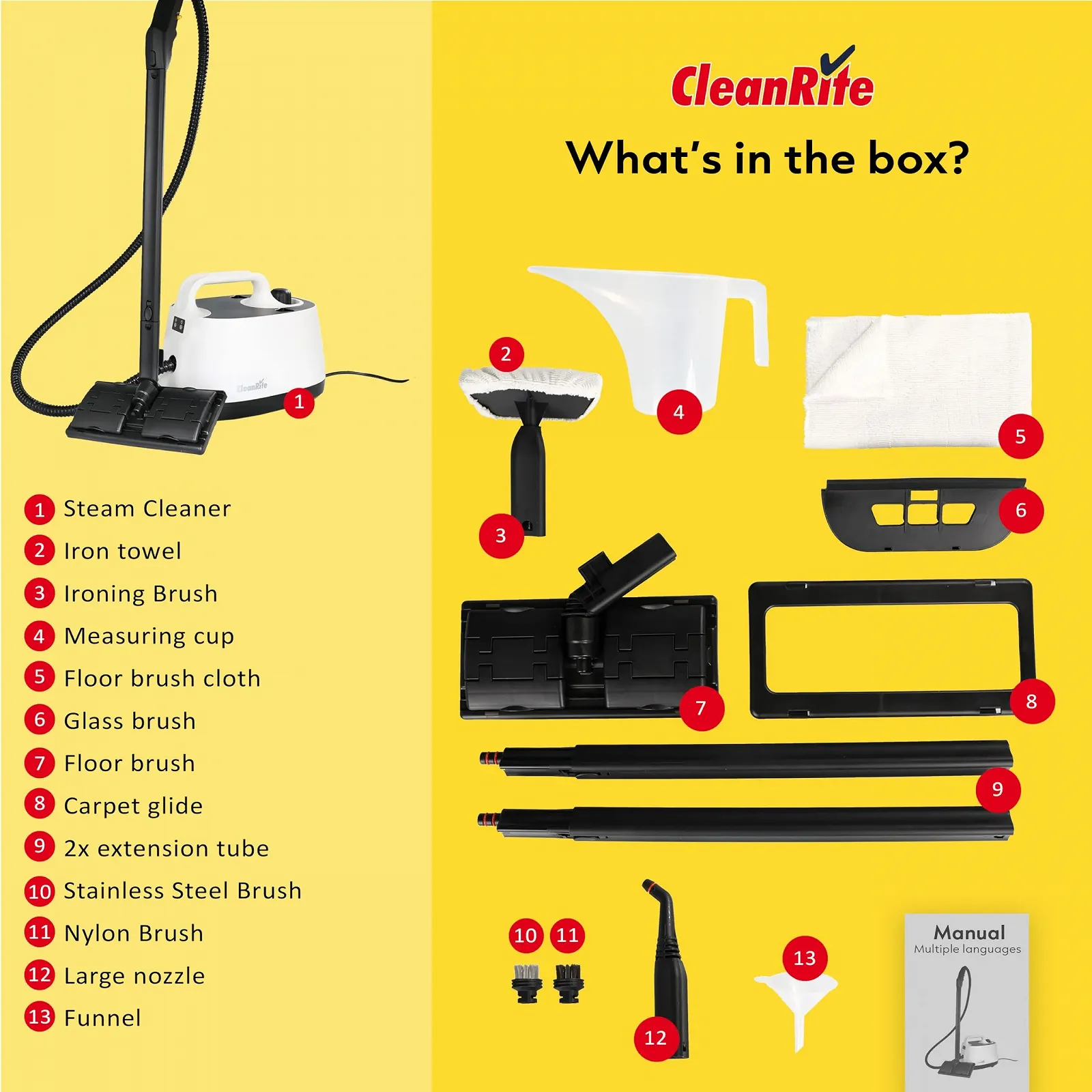 Пароочисник багатофункціональний CleanRite 7 насадок 13 аксесуарів 30 x 15 x 25 см Білий, фото №9