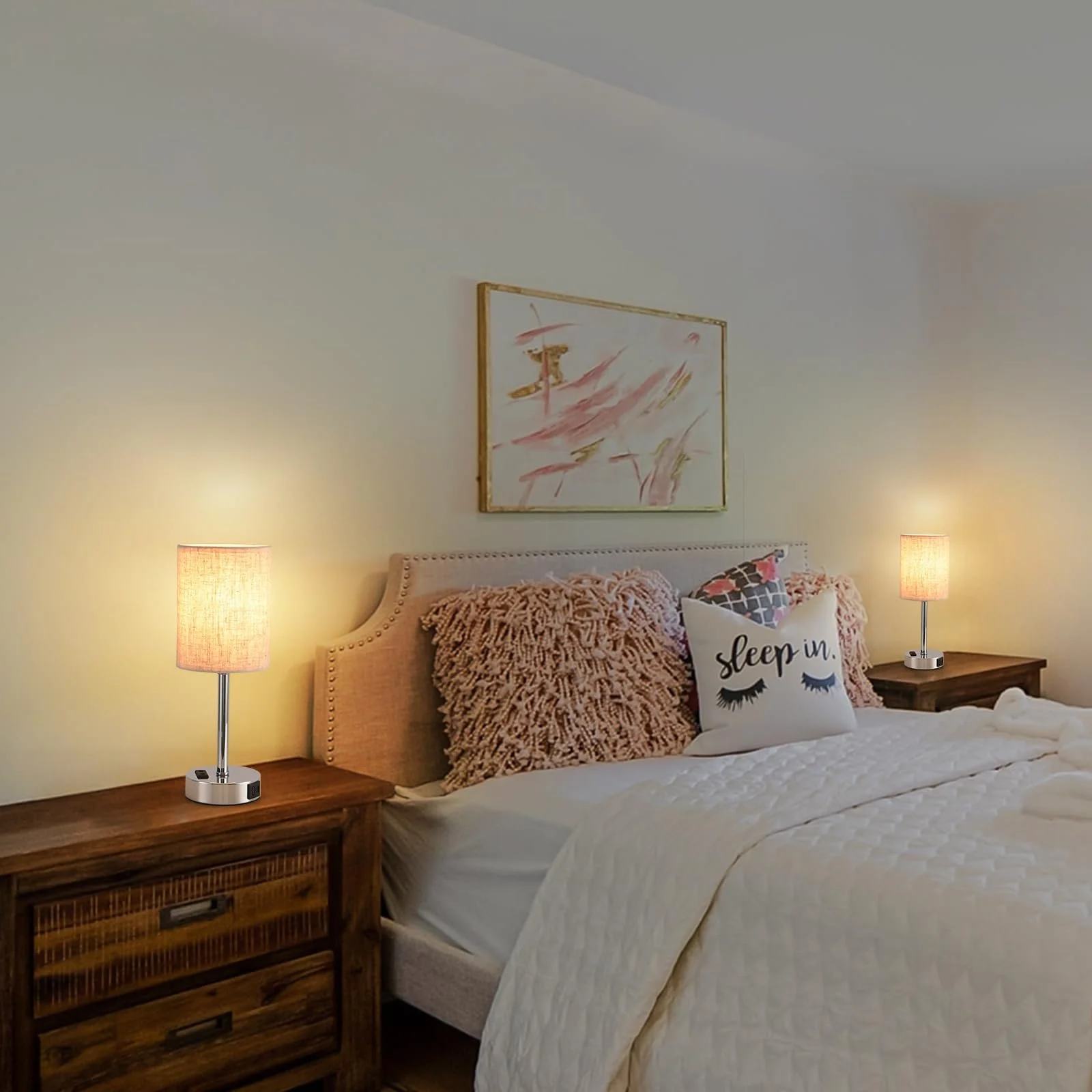 Настільна лампа LED Сенсорна Димування USB A+C Лляний абажур Бежева, фото №7