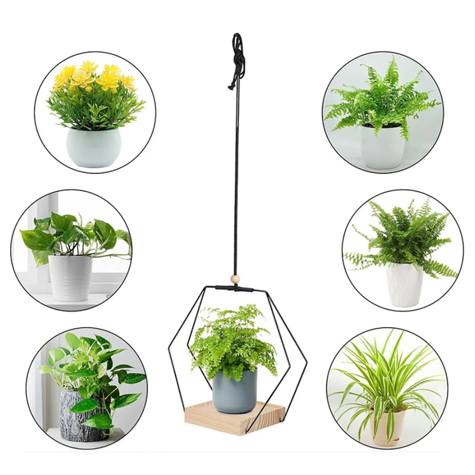 Кашпо подвесное металлическое кольцо с деревянным основанием шестигранное 2 шт черное, фото №7