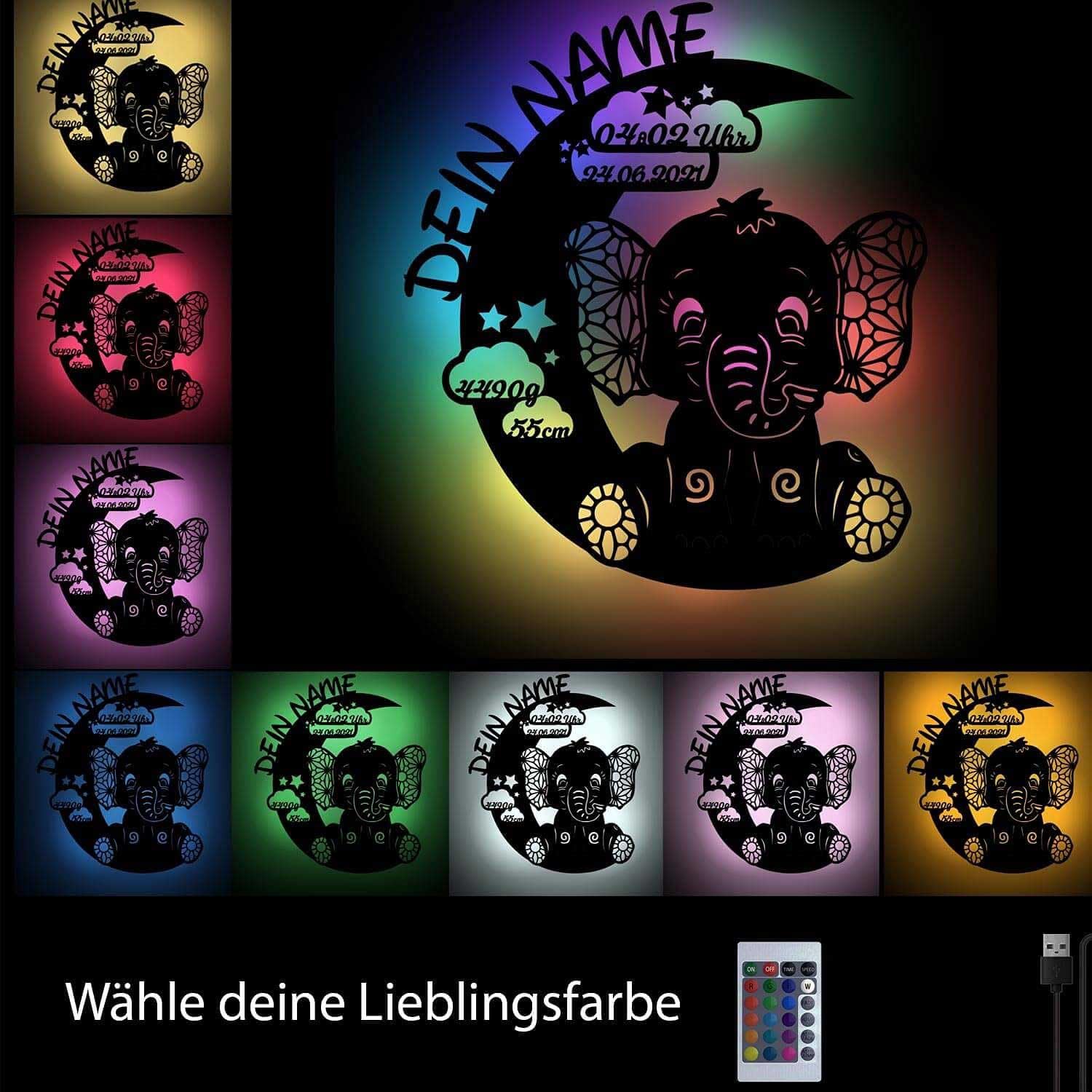 RGB свет, меняющий цвет Elephant на Луне Персонализированные детские подарки с именем для рождения и крещения для девочек и мальчиков USB Деревянный ночник, фото №2