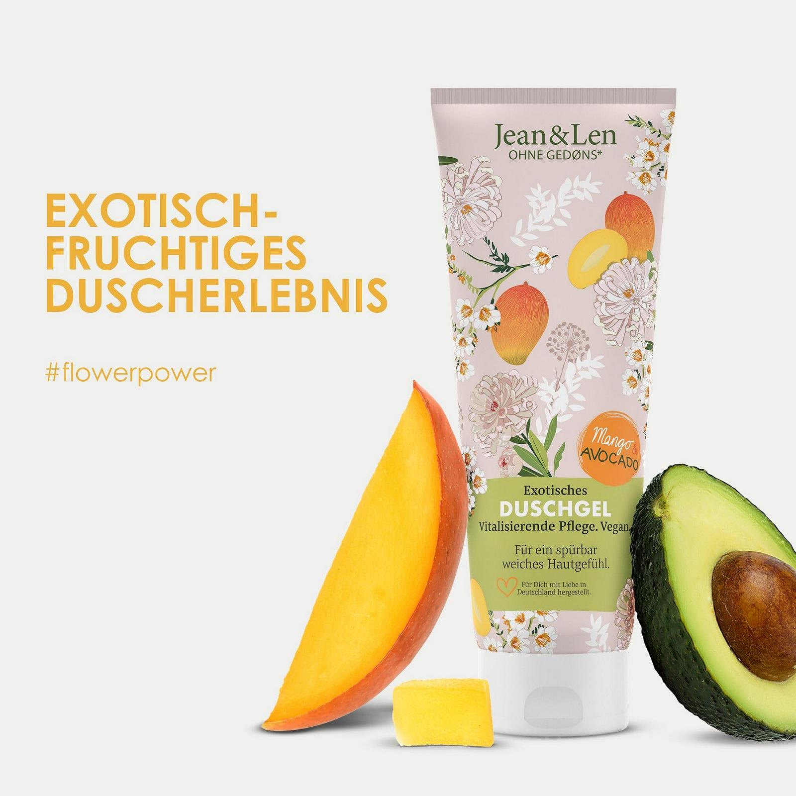 Гель для душа Jean & Len Exotic Mango & Avocado ревитализирующий веганский без парабенов и силиконов 250 мл, фото №3