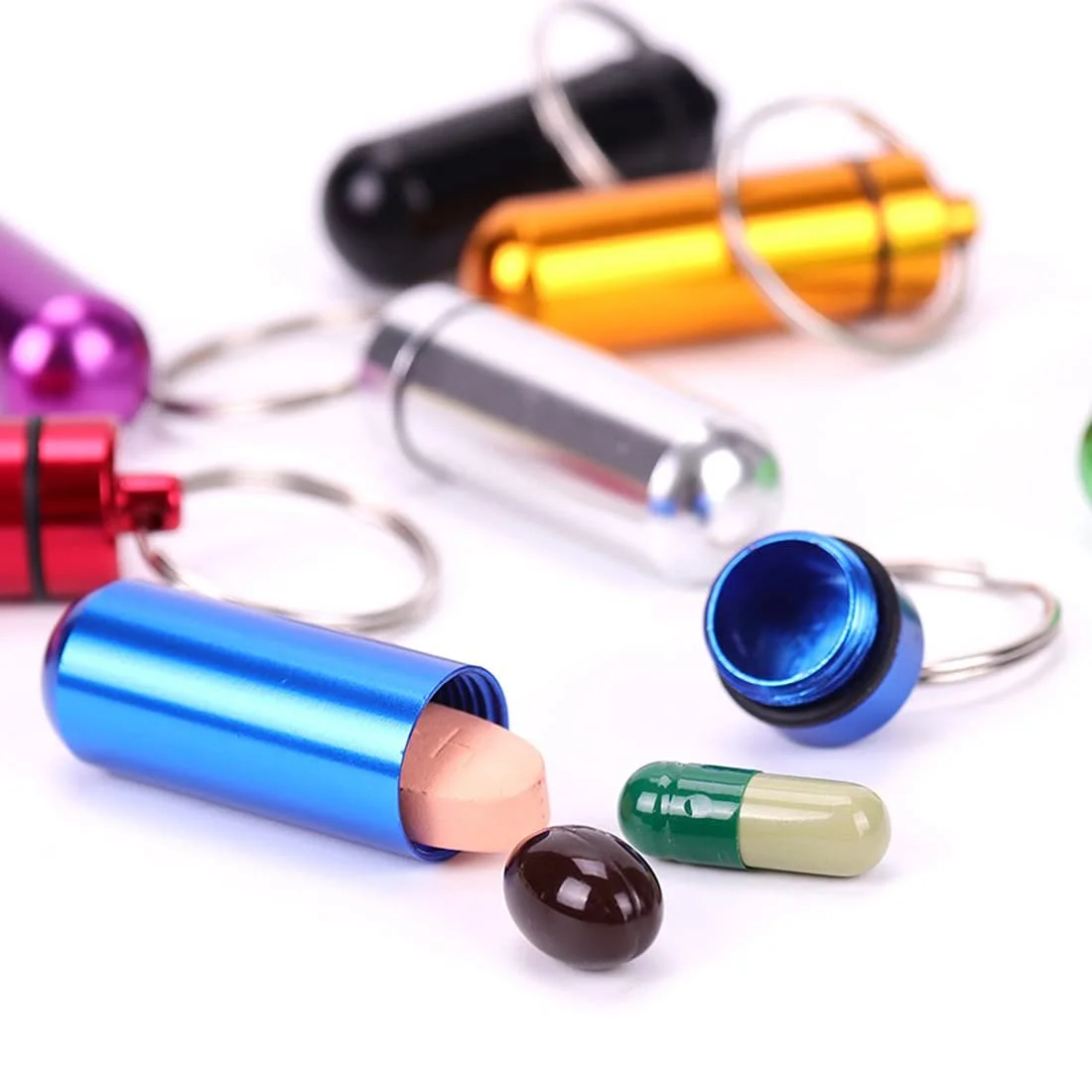 Коробка для таблеток 6шт Брелок для ключів Коробка для таблеток Водонепроникна капсула Коробка для таблеток Водонепроникна алюмінієва Коробка для таблеток Брелок для ключів для спорту на відкритому повітрі Кемпінг Туризм Подорожі, фото №3