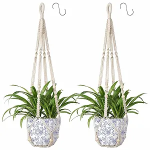 Подвес макраме для растений Хлопковая веревка с деревянными бусинами и 2 крючками - Фото 1