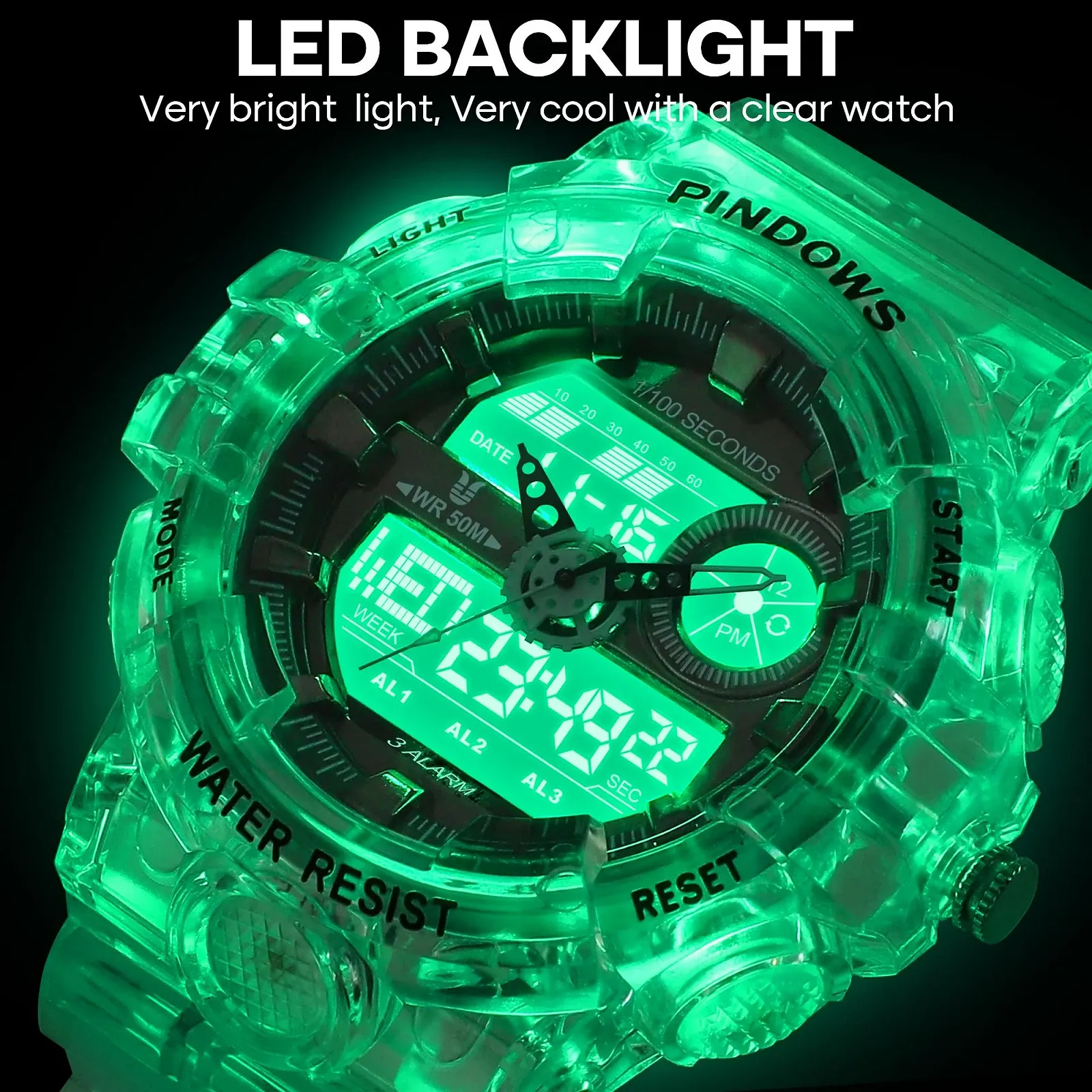 Мужские часы Цифровые спортивные часы Золотые часы Водонепроницаемые часы с 3 будильниками/обратным отсчетом/секундомером/цифровой аналоговый/двойное время/подсветка/военные многофункциональные часы, фото №4