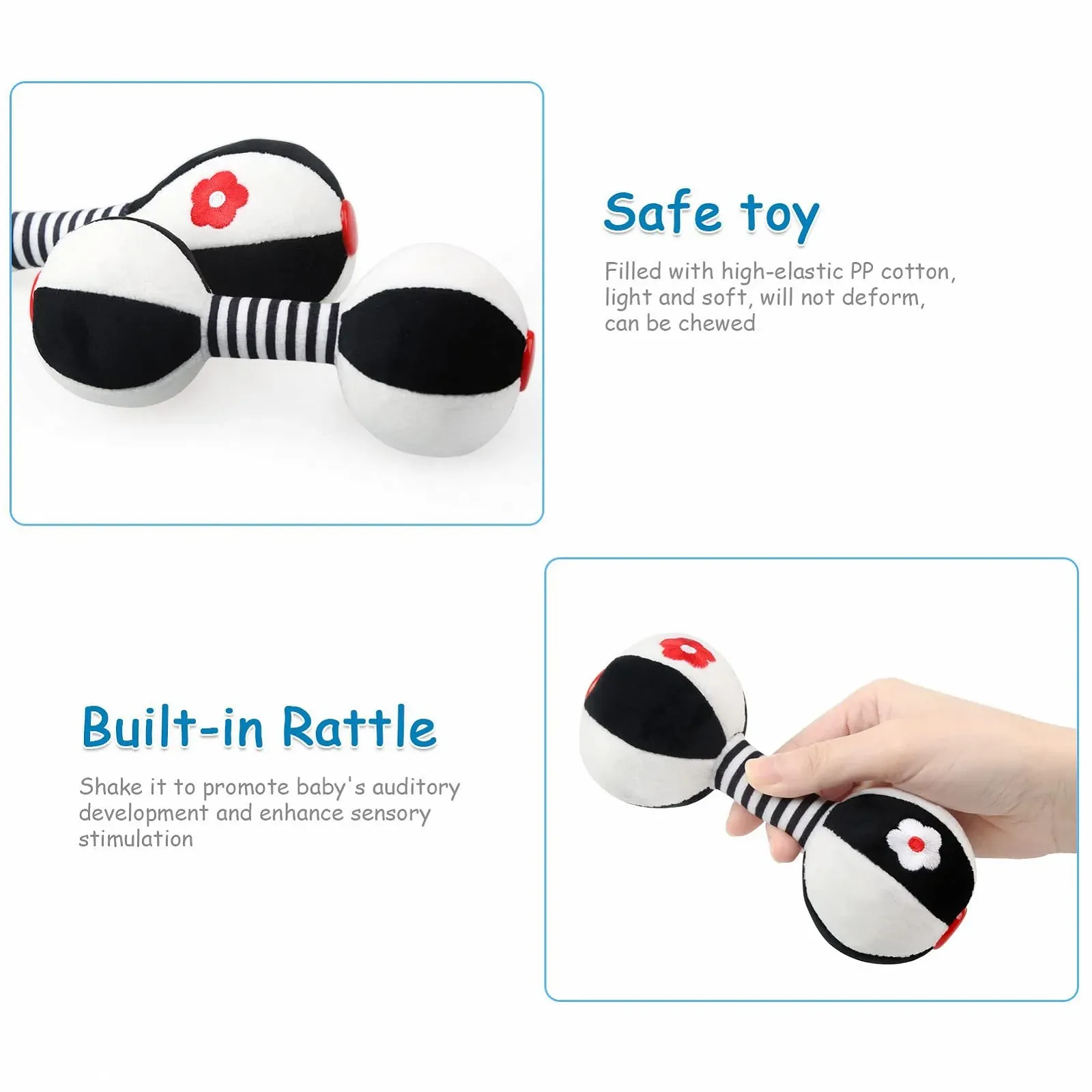 Игрушка-погремушка JoyLife Черно-белая игрушка для хватания, пищащая, для ощущений, верный компаньон для младенцев и малышей, погремушка-гантель, фото №6 Игрушка-погремушка JoyLife Черно-белая игрушка для хватания, пищащая, для ощущений, верный компаньон для младенцев и малышей, погремушка-гантель, фото №6