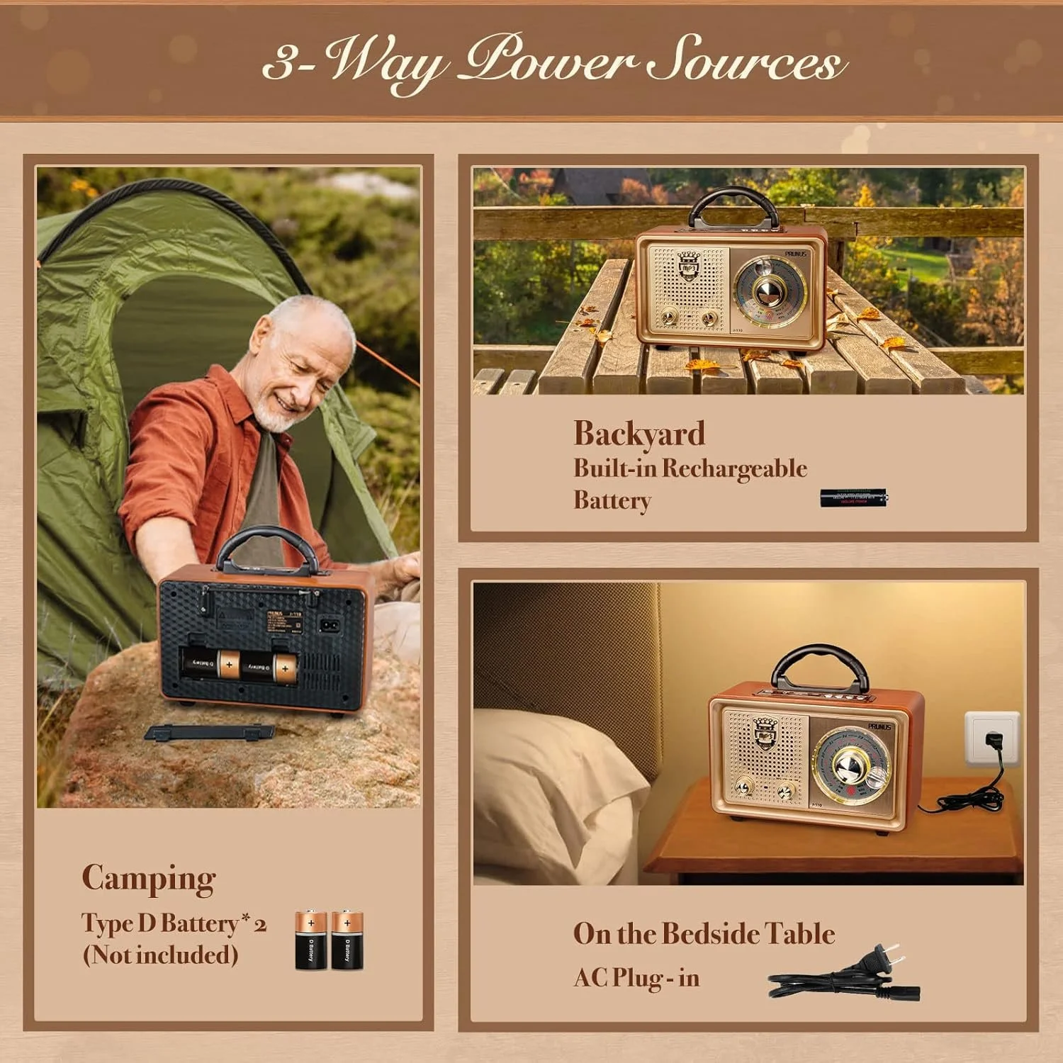 Портативный радиоприемник PRUNUS J-110 Коричнево-золотистый, фото №3