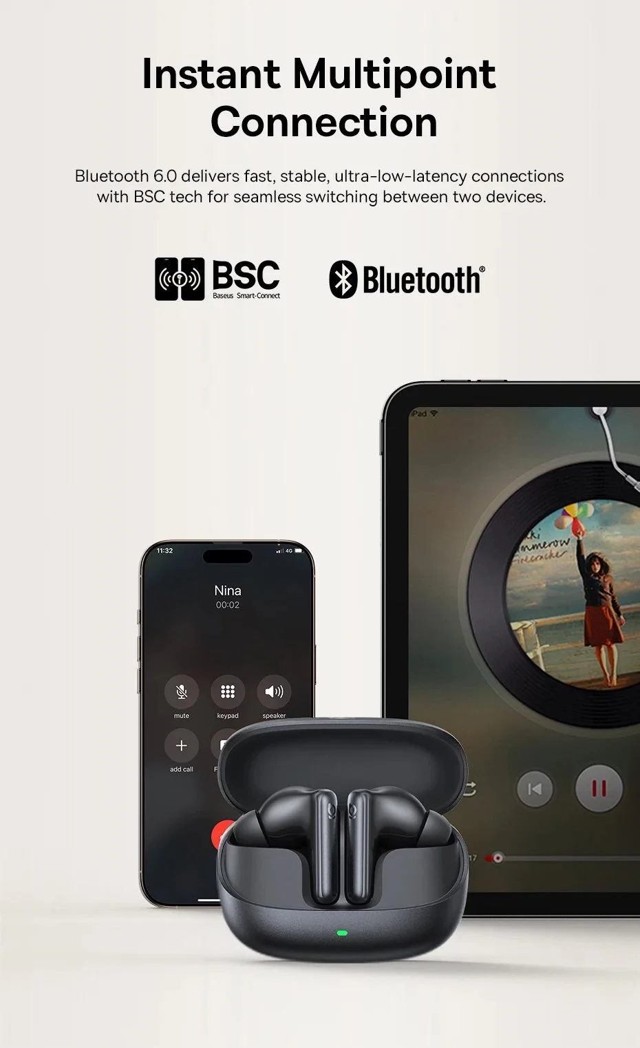 Наушники Baseus Bowie MP1 Hi-Res LDAC ANC -55dB 6-Mic Black, фото №10