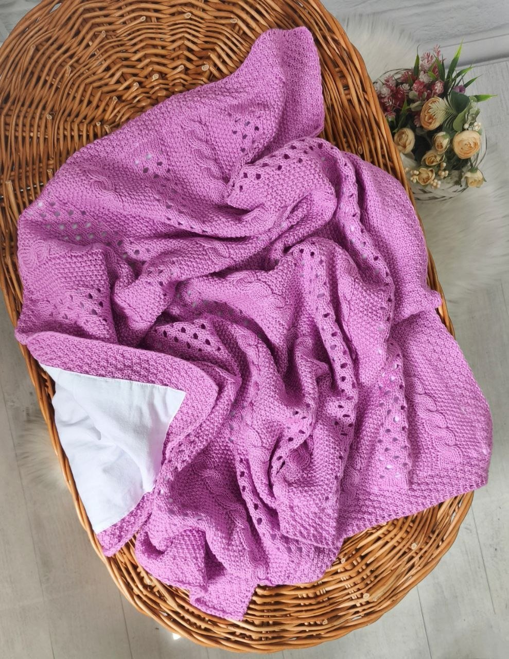 Детский вязаный плед с хлопковой подкладкой, 90 × 90 см, розовый, фото №2