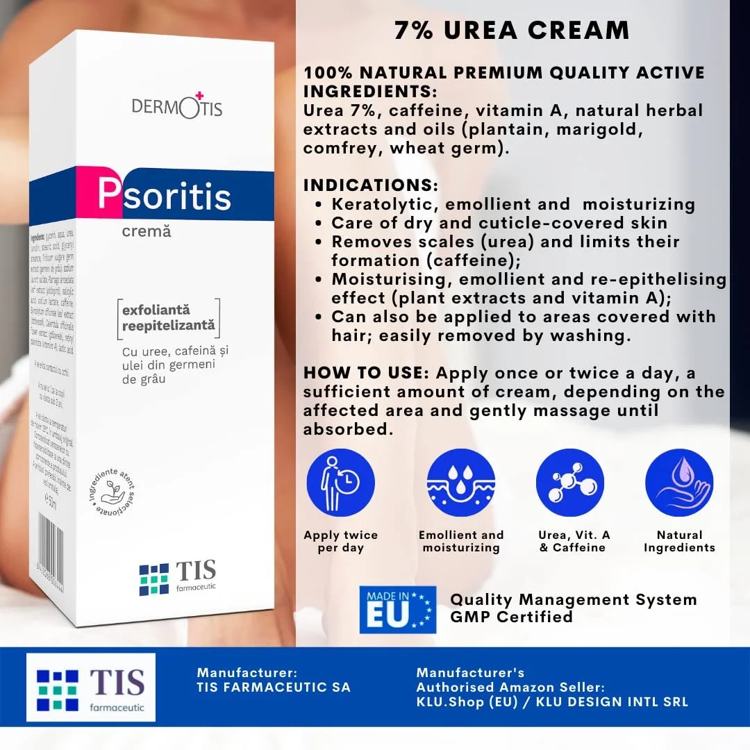 Крем PsoriTIS 7% Сечовина - Екзема, кератоз, псоріаз, для сухої, потовщеної, потрісканої шкіри тіла - ступні, лікті, коліна, руки, кофеїн Вітамін A, фото №3