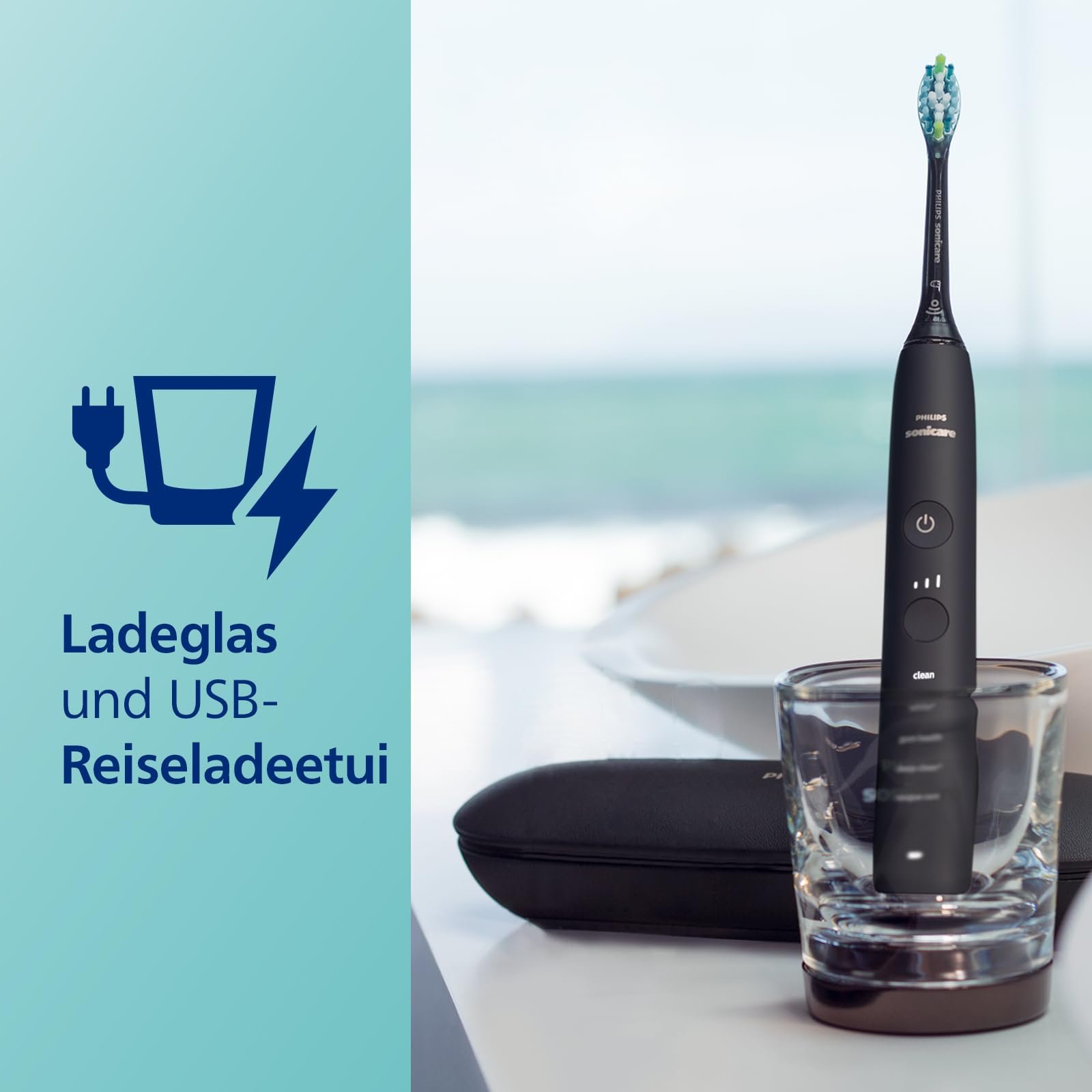 Зубная электрощетка Philips Sonicare DiamondClean 9000 HX9911/09, 4 программы чистки, 3 уровня интенсивности, стакан для зарядки и дорожный футляр USB, черная, фото №7