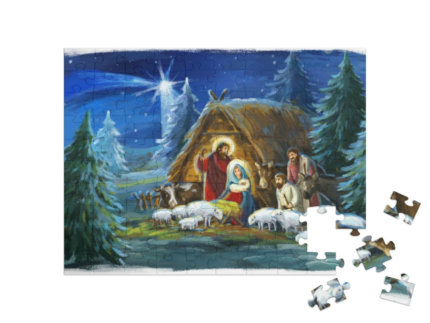 Пазл puzzleYOU Christianity Puzzle Collection Традиционная рождественская сцена со Святым семейством и животными 100 элементов, фото №2