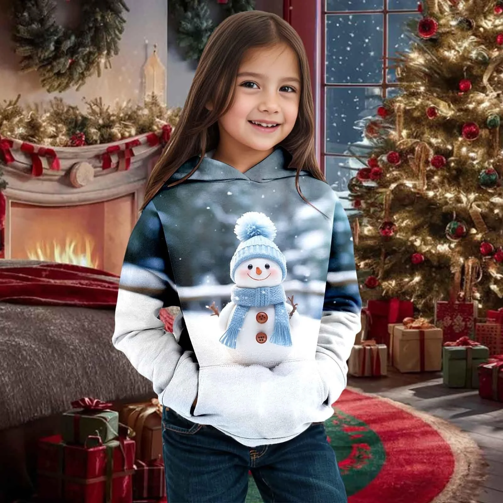 Худи для девочки, 104, осень-зима, рождественская тематика, снеговик, длинный рукав, фото №3