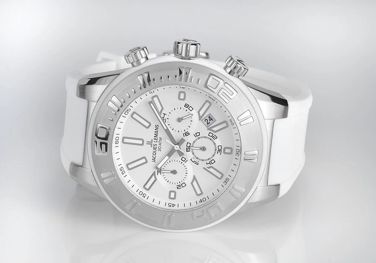 Мужские часы Jacques Lemans Хронограф Кварцевый Силиконовый Белый и многоцветный Браслет, фото №4 Мужские часы Jacques Lemans Хронограф Кварцевый Силиконовый Белый и многоцветный Браслет, фото №4