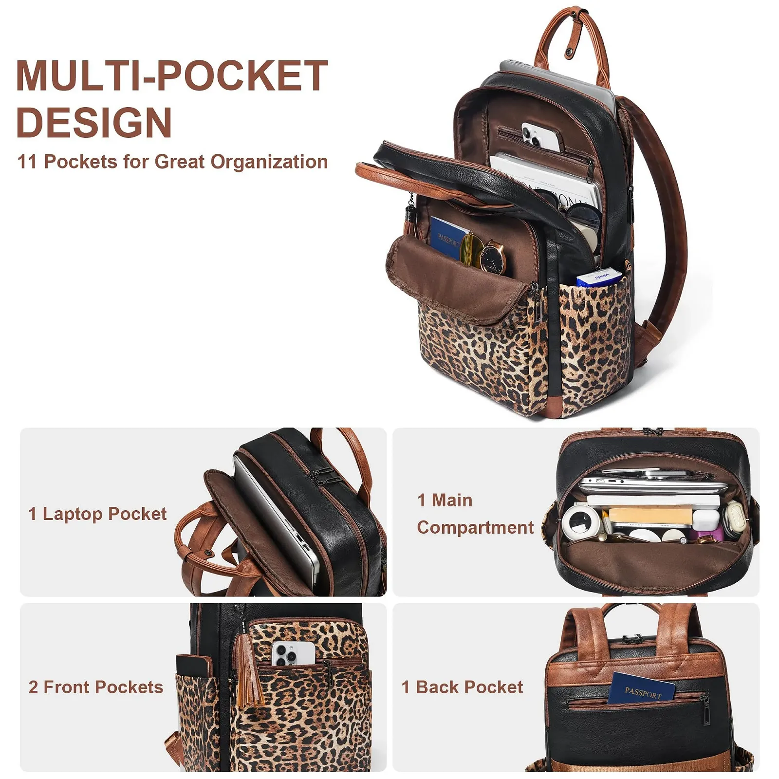 Рюкзак для ноутбука Shrrie 15.6 дюйма жіночий шкіряний Black with Leopard Print, фото №3