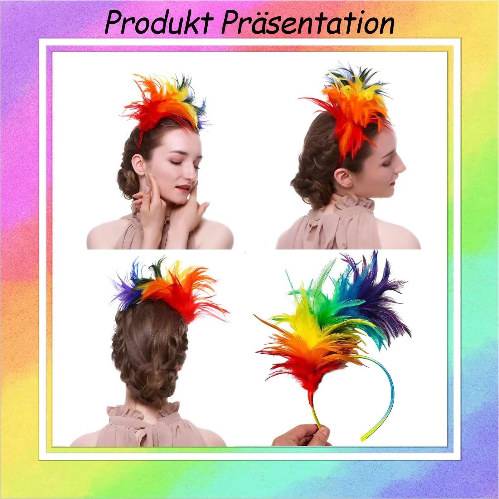 Набір з 2 обручів на голову з райдужним пір'ям, фото №4